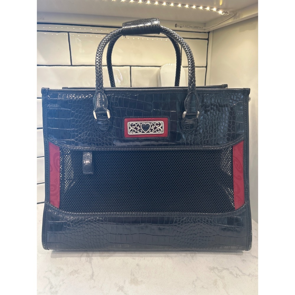 Brighton Black Croc Embossed Leather Red Scroll Pet Carrier Tote Bag U145870